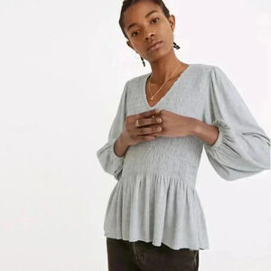 NWT Madewell Lucie V-Neck Smocked Peplum Top in Wool Gauze Gray Small